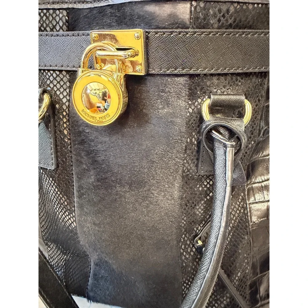 Michael Kors Hamilton Black Mixed Media Calf Hair Croc Embossed Leather Tote Bag